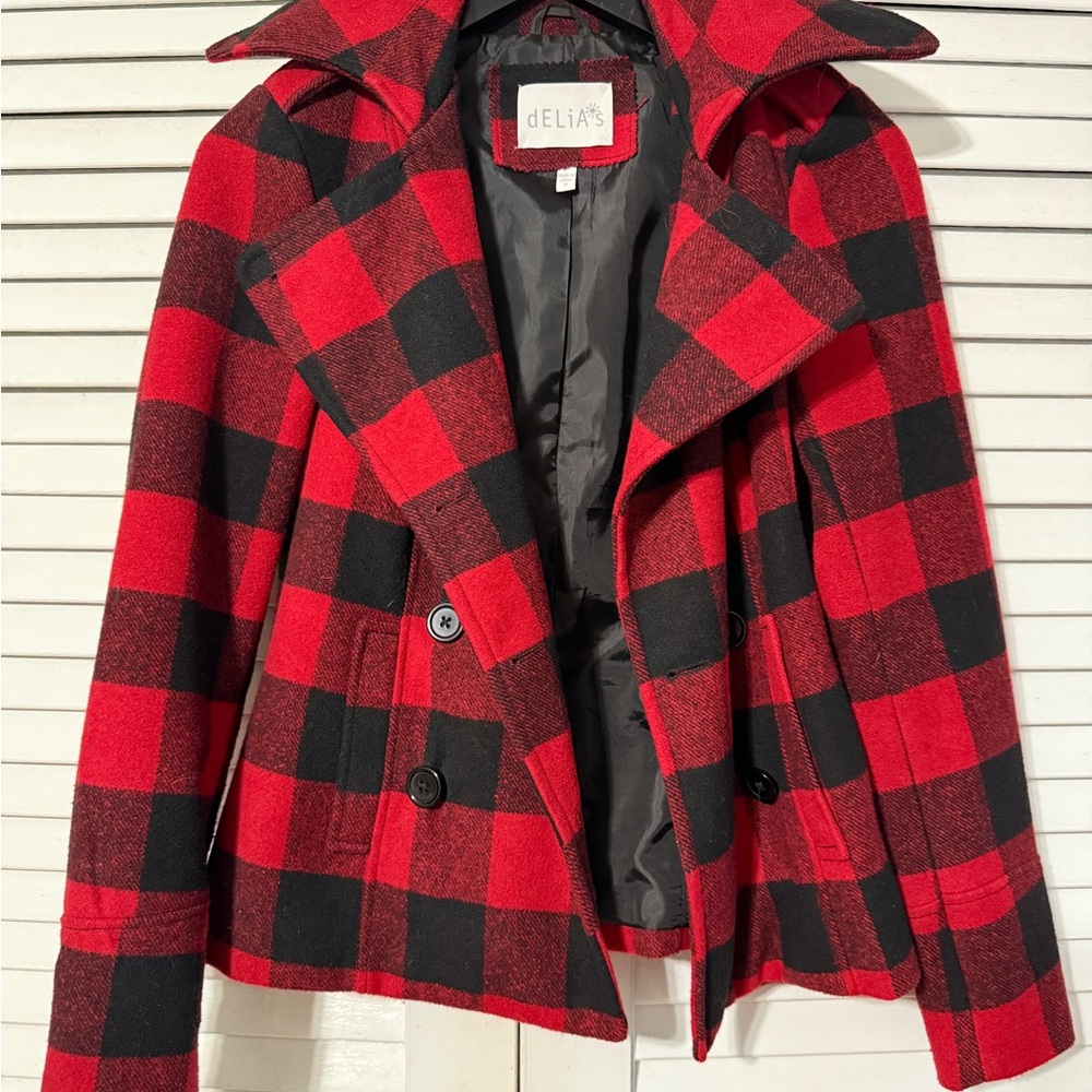 dELiA*s Red and Black Checkered Pea Coat